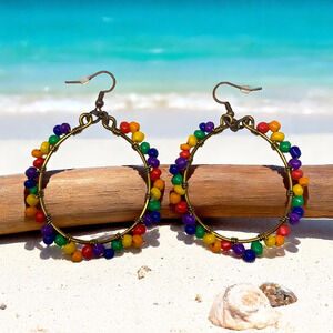 Vintage 1980's Multicolored Beaded Oversized Dangle Earrings 2" Tropical Salsa